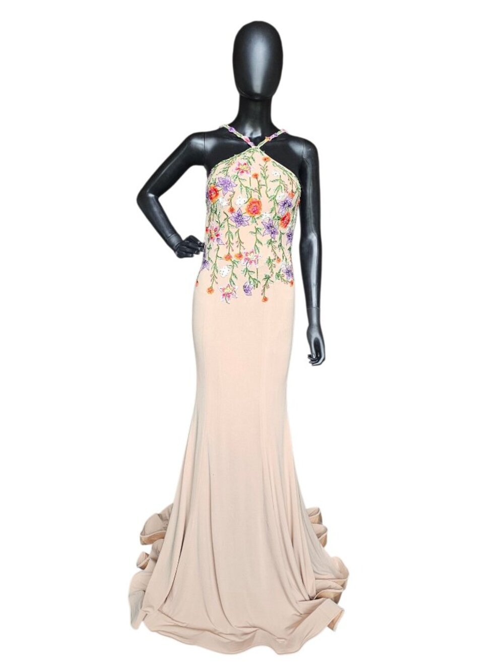 NEW Nude/Multi Floral Halter Stretch Jersey Fit/Flare Formal Dress NWT - Jovani